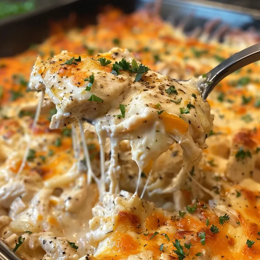 ['Close-up view of a creamy chicken casserole topped with melted cheese.', 'Side view of a delicious creamy chicken casserole with golden cheese.', 'Juicy chicken casserole with a creamy texture and cheese topping.', 'Rich and creamy chicken casserole served in a dish, garnished with parsley.']