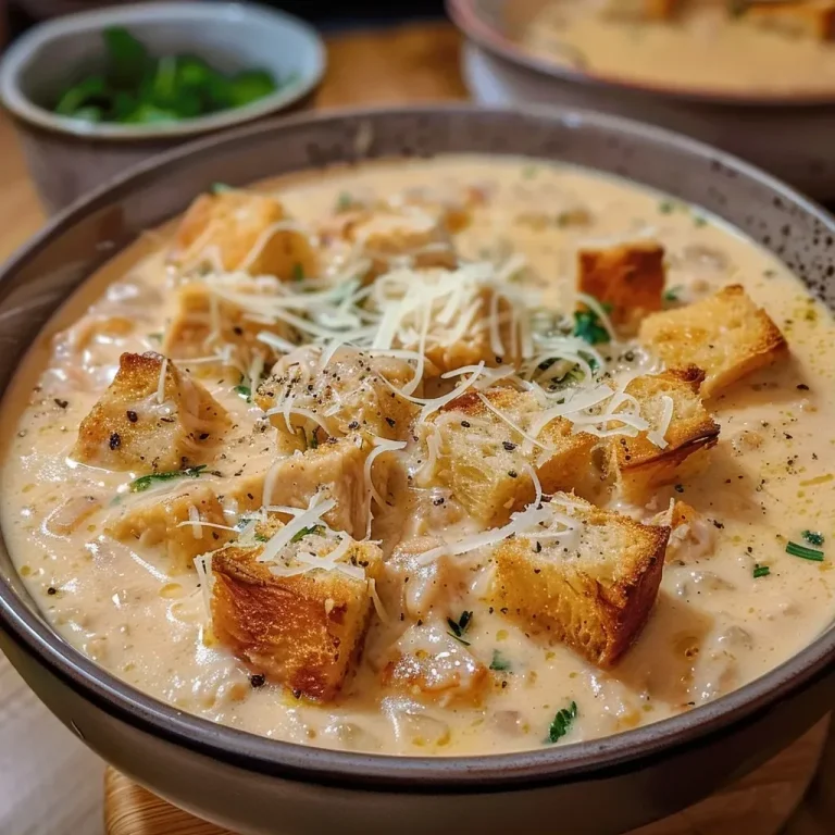 ['Close-up of a creamy Chicken Parmesan soup in a bowl with visible ingredients like chicken and vegetables.', 'Side view of a steaming bowl of Chicken Parmesan soup garnished with fresh parsley.', 'Juicy Chicken Parmesan soup showcasing rich creaminess and chunks of chicken and veggies.', 'Detailed look at a bowl of comforting Chicken Parmesan soup with a smooth texture and garnish.']