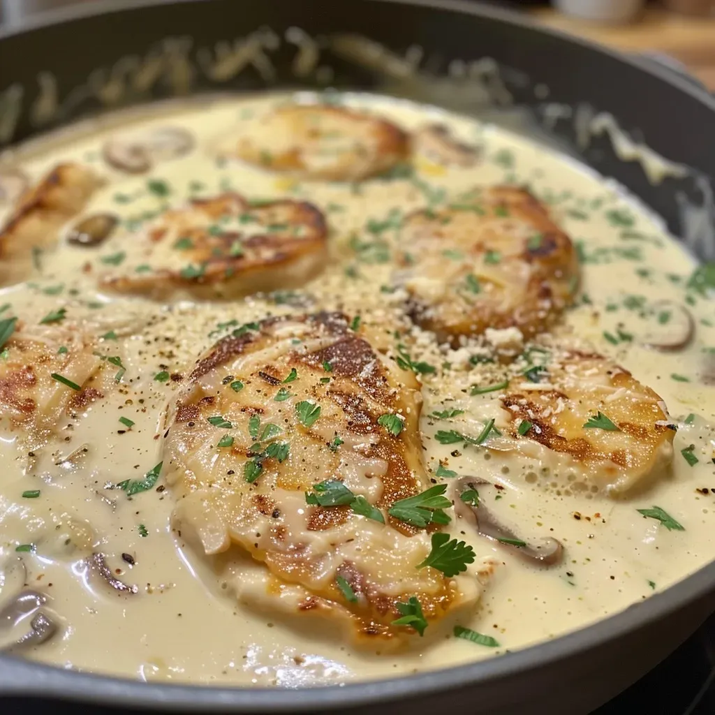 ['Close-up of a creamy Chicken Parmesan soup in a bowl with visible ingredients like chicken and vegetables.', 'Side view of a steaming bowl of Chicken Parmesan soup garnished with fresh parsley.', 'Juicy Chicken Parmesan soup showcasing rich creaminess and chunks of chicken and veggies.', 'Detailed look at a bowl of comforting Chicken Parmesan soup with a smooth texture and garnish.']