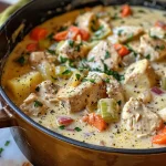 ['Close-up view of creamy chicken stew with chicken, vegetables, and herbs.', 'Side view of a bowl of creamy chicken stew with cubed chicken and potatoes.', 'Delicious creamy chicken stew featuring carrots, celery, and herbs in a wooden bowl.', 'Appetizing close-up of a hearty chicken stew showing tender chicken and creamy broth.']