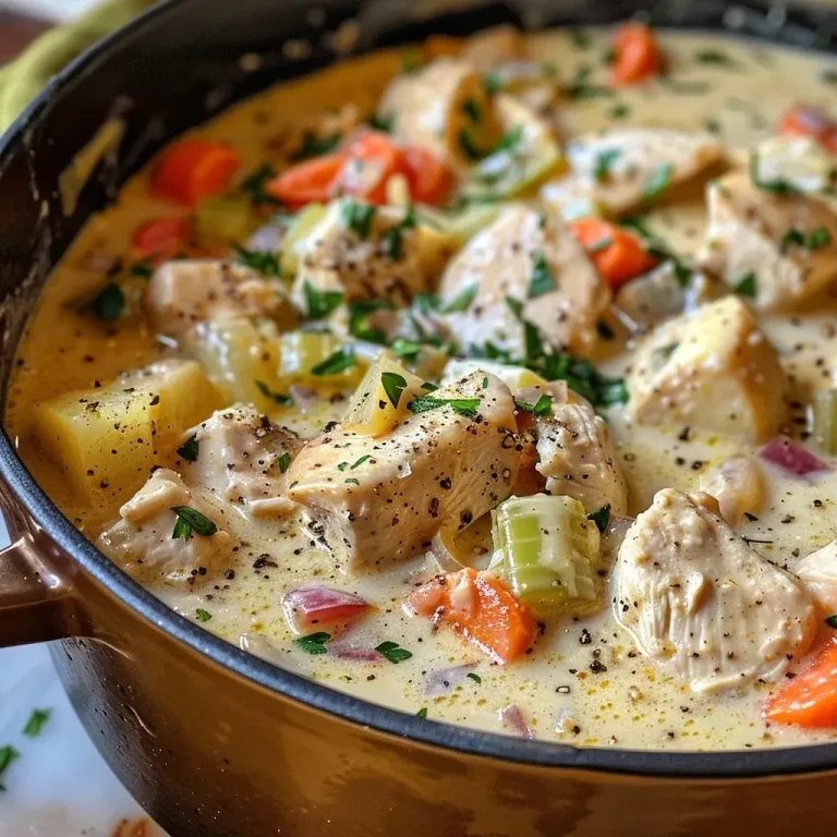 ['Close-up view of creamy chicken stew with chicken, vegetables, and herbs.', 'Side view of a bowl of creamy chicken stew with cubed chicken and potatoes.', 'Delicious creamy chicken stew featuring carrots, celery, and herbs in a wooden bowl.', 'Appetizing close-up of a hearty chicken stew showing tender chicken and creamy broth.']
