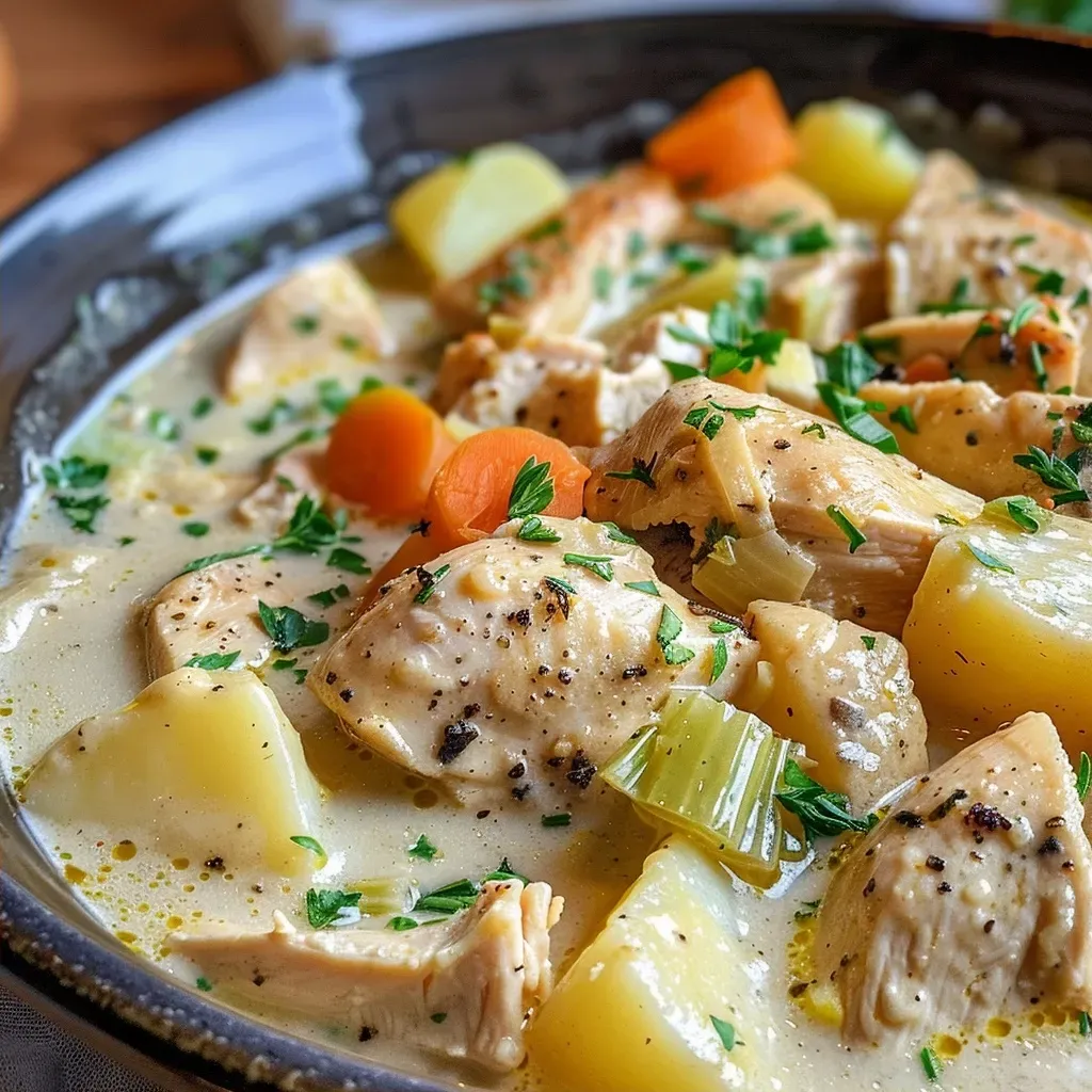 ['Close-up view of creamy chicken stew with chicken, vegetables, and herbs.', 'Side view of a bowl of creamy chicken stew with cubed chicken and potatoes.', 'Delicious creamy chicken stew featuring carrots, celery, and herbs in a wooden bowl.', 'Appetizing close-up of a hearty chicken stew showing tender chicken and creamy broth.']