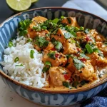 ['Close-up view of a creamy coconut chicken bowl with rice and garnishes.', 'A side perspective of a bowl filled with coconut chicken, rice, and colorful herbs.', 'Detail of a savory coconut chicken dish, showcasing rice and fresh cilantro.', 'Juicy chicken pieces in a creamy coconut sauce served over rice in a bowl.']