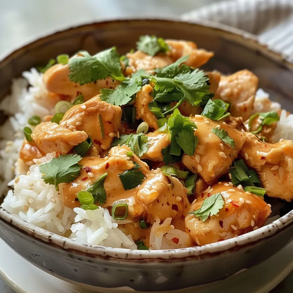 ['Close-up view of a creamy coconut chicken bowl with rice and garnishes.', 'A side perspective of a bowl filled with coconut chicken, rice, and colorful herbs.', 'Detail of a savory coconut chicken dish, showcasing rice and fresh cilantro.', 'Juicy chicken pieces in a creamy coconut sauce served over rice in a bowl.']
