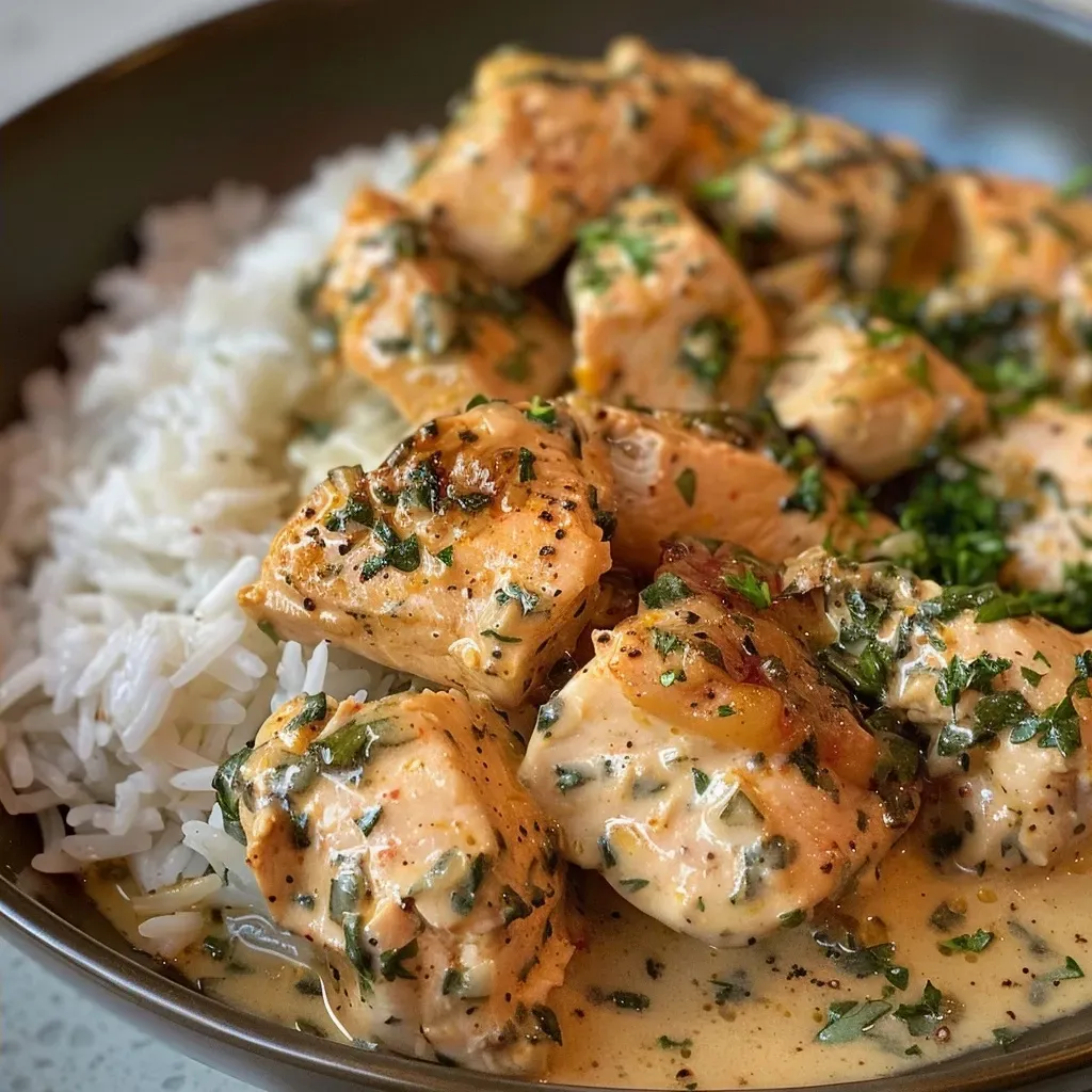 ['Close-up of creamy herb chicken over basmati rice with herbs and spices.', 'Juicy chicken pieces in a creamy sauce served on a bed of fluffy basmati rice.', 'Dish of herb-infused chicken and basmati rice, garnished with fresh herbs.', 'Side view of tender creamy chicken with spices next to aromatic basmati rice.']