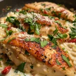 ['Close-up view of creamy Tuscan chicken and rice on a plate.', 'Juicy chicken thighs with creamy sauce and rice, garnished with parsley.', 'Side view of creamy Tuscan chicken served with spinach and sun-dried tomatoes.', 'Delicious creamy chicken and rice dish, vibrant with fresh ingredients.']