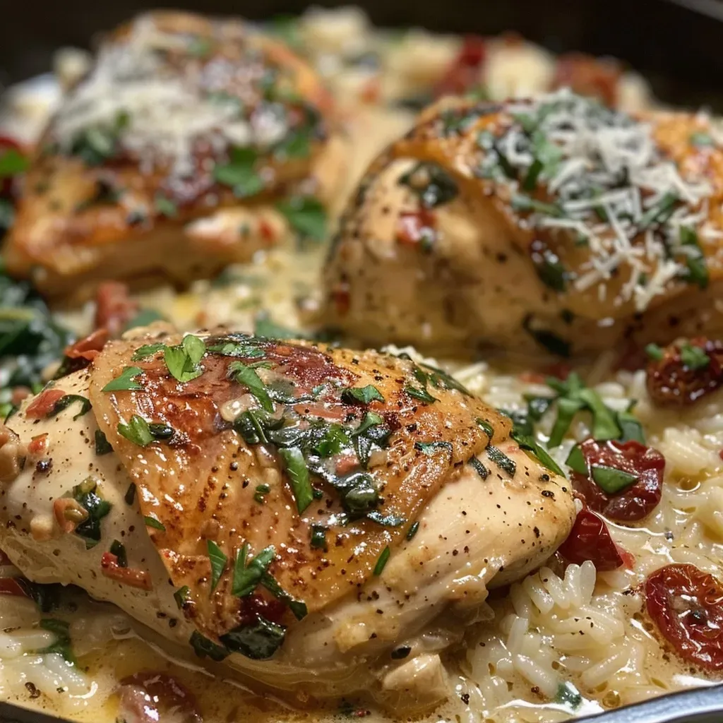 ['Close-up view of creamy Tuscan chicken and rice on a plate.', 'Juicy chicken thighs with creamy sauce and rice, garnished with parsley.', 'Side view of creamy Tuscan chicken served with spinach and sun-dried tomatoes.', 'Delicious creamy chicken and rice dish, vibrant with fresh ingredients.']