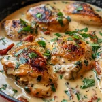 ['Close-up of creamy Tuscan chicken breast topped with sun-dried tomatoes and spinach.', 'Juicy creamy Tuscan chicken on a plate with a rich sauce and parsley garnish.', 'Side view of golden brown creamy chicken dish with a creamy sauce and vegetables.', 'Plated creamy Tuscan chicken featuring a mix of creamy sauce, spinach, and spices.']