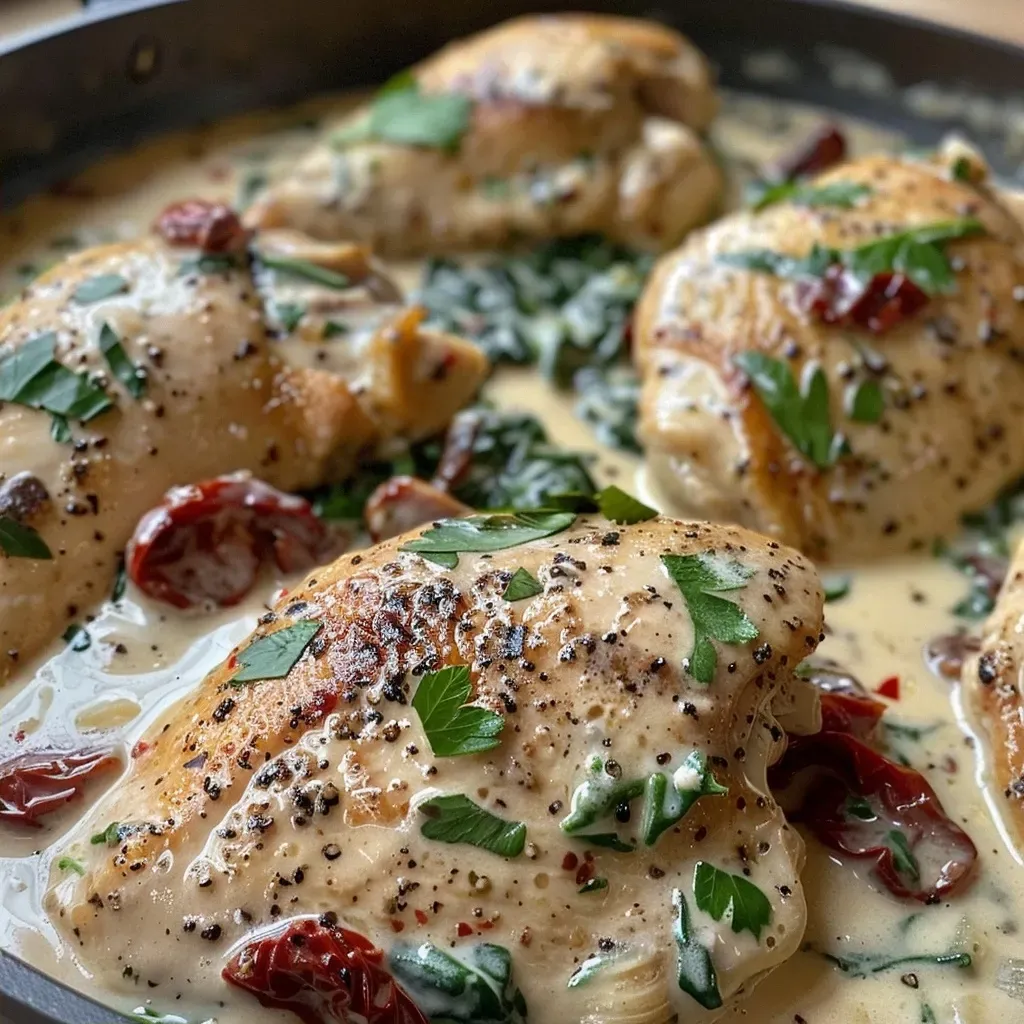 ['Close-up of creamy Tuscan chicken breast topped with sun-dried tomatoes and spinach.', 'Juicy creamy Tuscan chicken on a plate with a rich sauce and parsley garnish.', 'Side view of golden brown creamy chicken dish with a creamy sauce and vegetables.', 'Plated creamy Tuscan chicken featuring a mix of creamy sauce, spinach, and spices.']