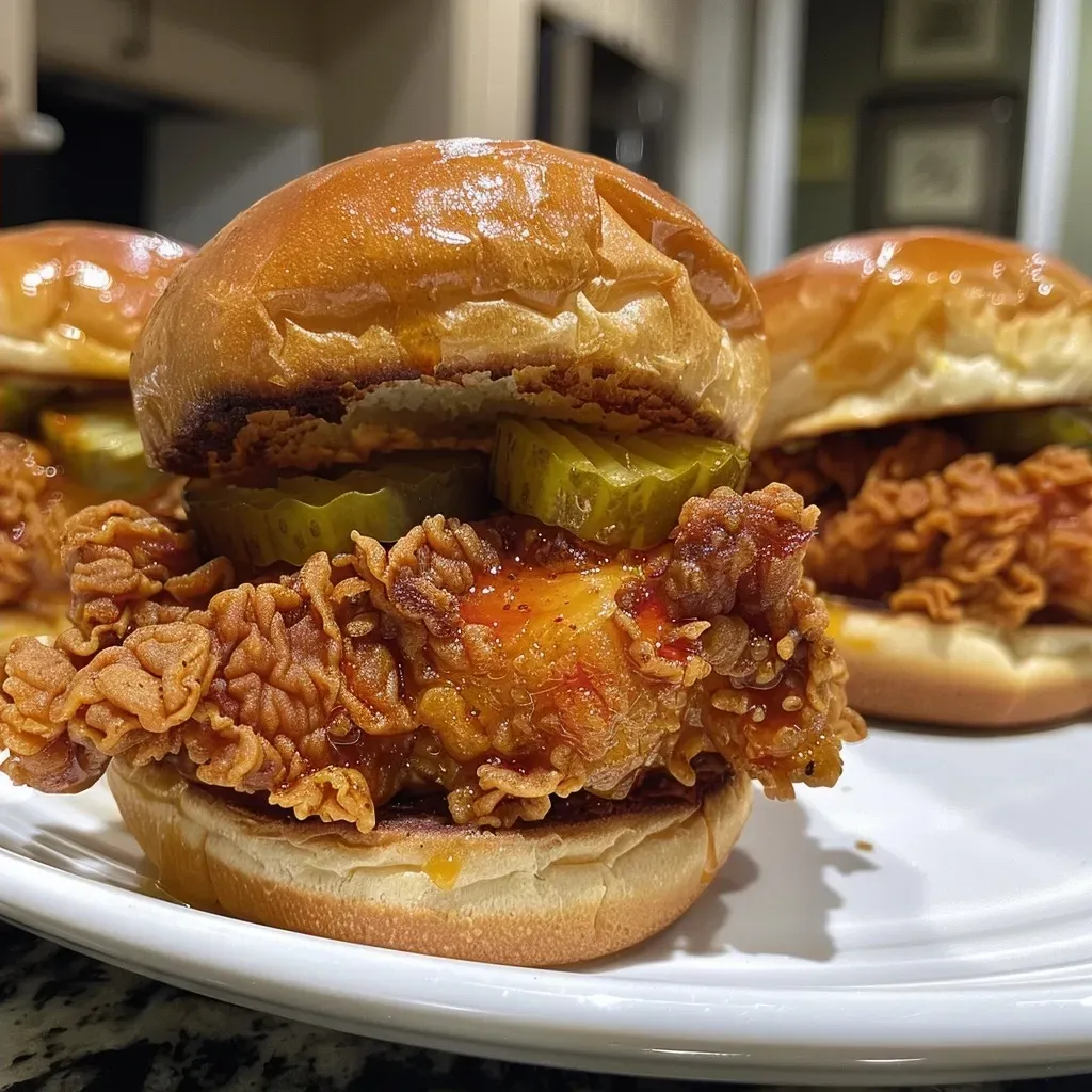 ['Close-up view of crispy fried chicken sliders with creamy chipotle aioli on toasted brioche.', 'Side angle of juicy fried chicken sliders garnished with pickles and aioli in a brioche bun.', 'Appetizing crispy chicken sliders with chipotle sauce, presented on a wooden platter.', 'Mouthwatering chicken slider featuring crunchy pickles and a drizzle of creamy sauce on brioche.']