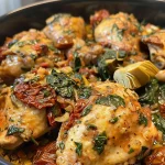 ['Close-up view of juicy Crock Pot Tuscan Chicken with vibrant ingredients.', 'Side angle of tender chicken with artichoke hearts and sun-dried tomatoes.', 'Detailed shot of Crock Pot Tuscan Chicken displaying garlic and spinach.', 'Juicy boneless chicken breast surrounded by colorful Tuscan ingredients.']
