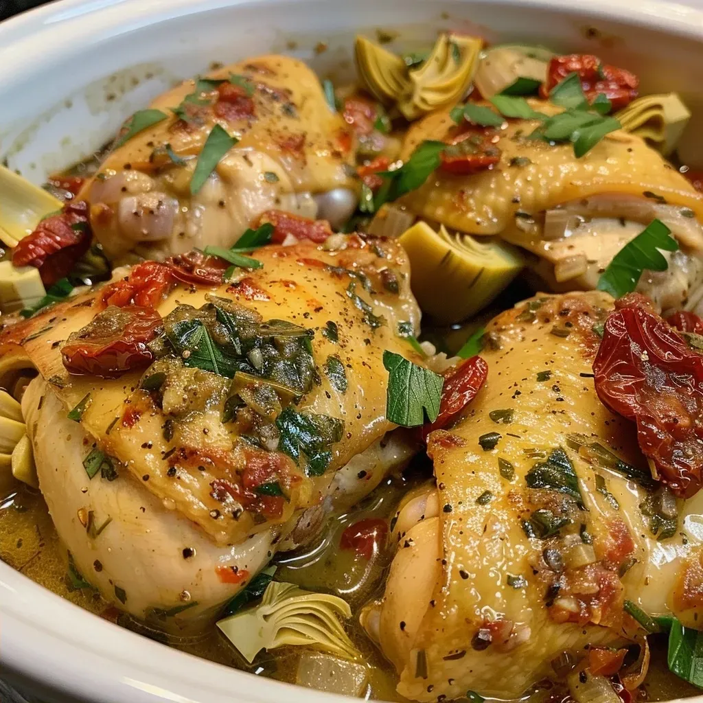 ['Close-up view of juicy Crock Pot Tuscan Chicken with vibrant ingredients.', 'Side angle of tender chicken with artichoke hearts and sun-dried tomatoes.', 'Detailed shot of Crock Pot Tuscan Chicken displaying garlic and spinach.', 'Juicy boneless chicken breast surrounded by colorful Tuscan ingredients.']