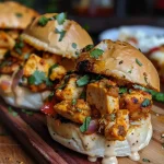 ['Juicy Curried Chicken Sliders arranged on a plate, showcasing their vibrant toppings.', 'A side view of Curried Chicken Sliders with melted cheese and colorful vegetables peeking out.', 'Close-up of mini sliders filled with curried chicken, garnished with fresh herbs.', 'An appetizing platter of Curried Chicken Sliders ready to be served.']