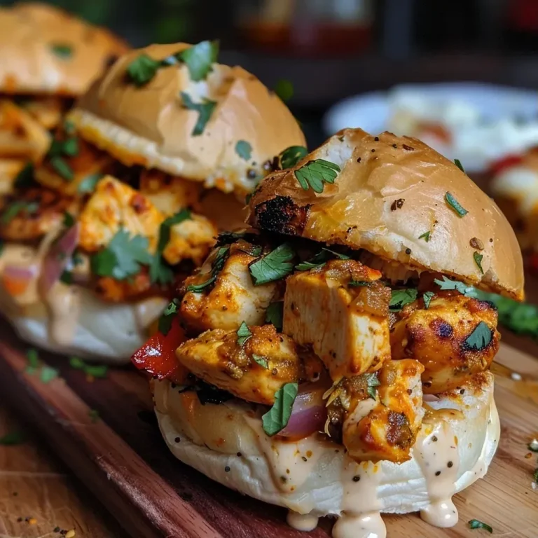 ['Juicy Curried Chicken Sliders arranged on a plate, showcasing their vibrant toppings.', 'A side view of Curried Chicken Sliders with melted cheese and colorful vegetables peeking out.', 'Close-up of mini sliders filled with curried chicken, garnished with fresh herbs.', 'An appetizing platter of Curried Chicken Sliders ready to be served.']