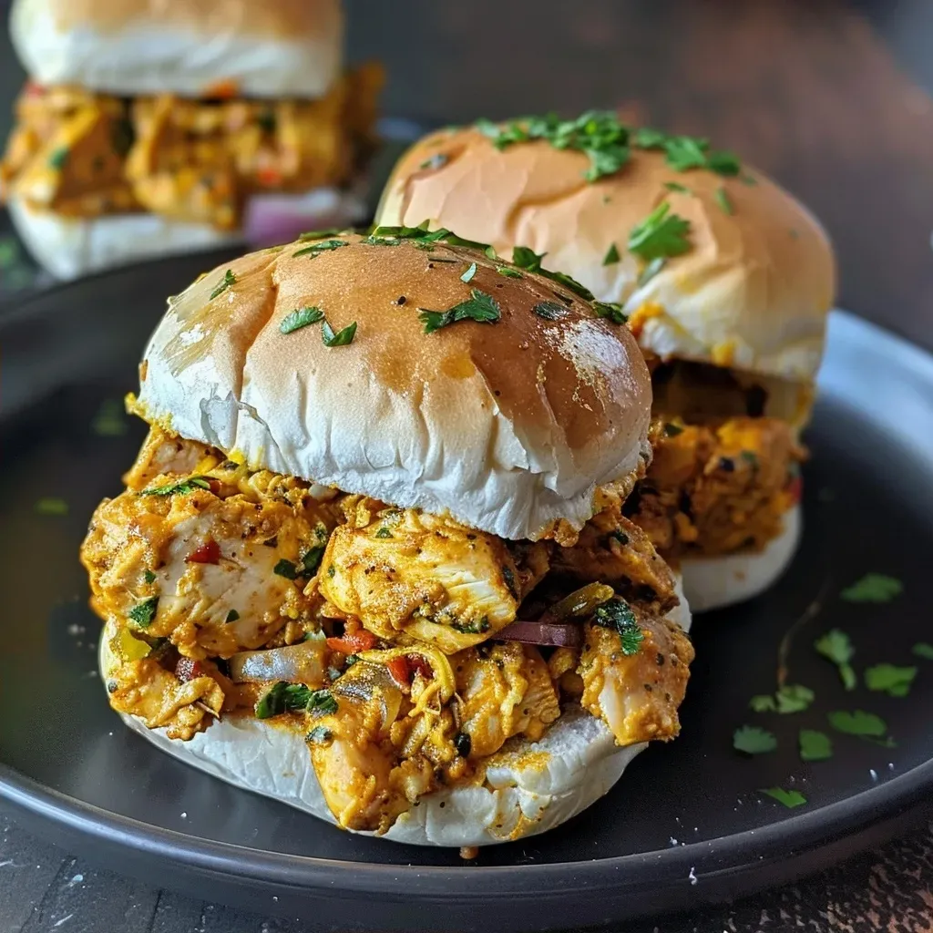 ['Juicy Curried Chicken Sliders arranged on a plate, showcasing their vibrant toppings.', 'A side view of Curried Chicken Sliders with melted cheese and colorful vegetables peeking out.', 'Close-up of mini sliders filled with curried chicken, garnished with fresh herbs.', 'An appetizing platter of Curried Chicken Sliders ready to be served.']