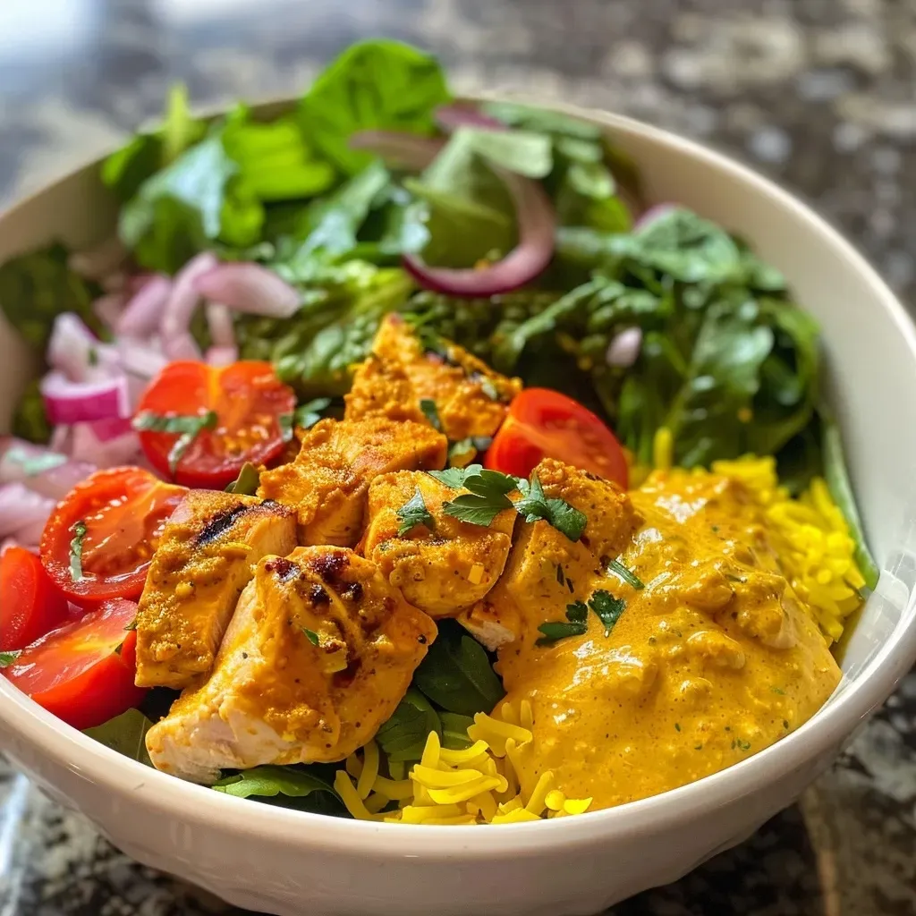 ['Close-up view of a colorful curry chicken bowl featuring chicken, rice, and fresh vegetables.', 'Side view of a delicious curry chicken bowl showcasing chicken, tomatoes, and lettuce.', 'Juicy curry chicken bowl captured in detail, with vibrant ingredients arranged attractively.', 'Close-up of a flavorful curry chicken bowl with tender chicken and fresh toppings.']