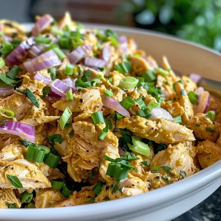 ['Close-up side view of a colorful Curry Chicken Salad in a bowl with visible ingredients.', 'Juicy Curry Chicken Salad featuring shredded chicken, diced vegetables, and garnished with green onions.', 'A vibrant dish of Curry Chicken Salad showcasing a mix of chicken, celery, and red onion.', 'Detailed view of a freshly made Curry Chicken Salad, highlighting its creamy texture and spices.']