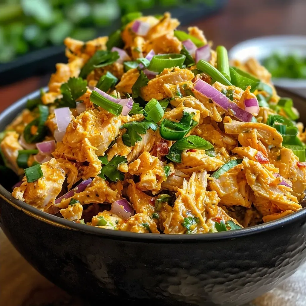 ['Close-up side view of a colorful Curry Chicken Salad in a bowl with visible ingredients.', 'Juicy Curry Chicken Salad featuring shredded chicken, diced vegetables, and garnished with green onions.', 'A vibrant dish of Curry Chicken Salad showcasing a mix of chicken, celery, and red onion.', 'Detailed view of a freshly made Curry Chicken Salad, highlighting its creamy texture and spices.']
