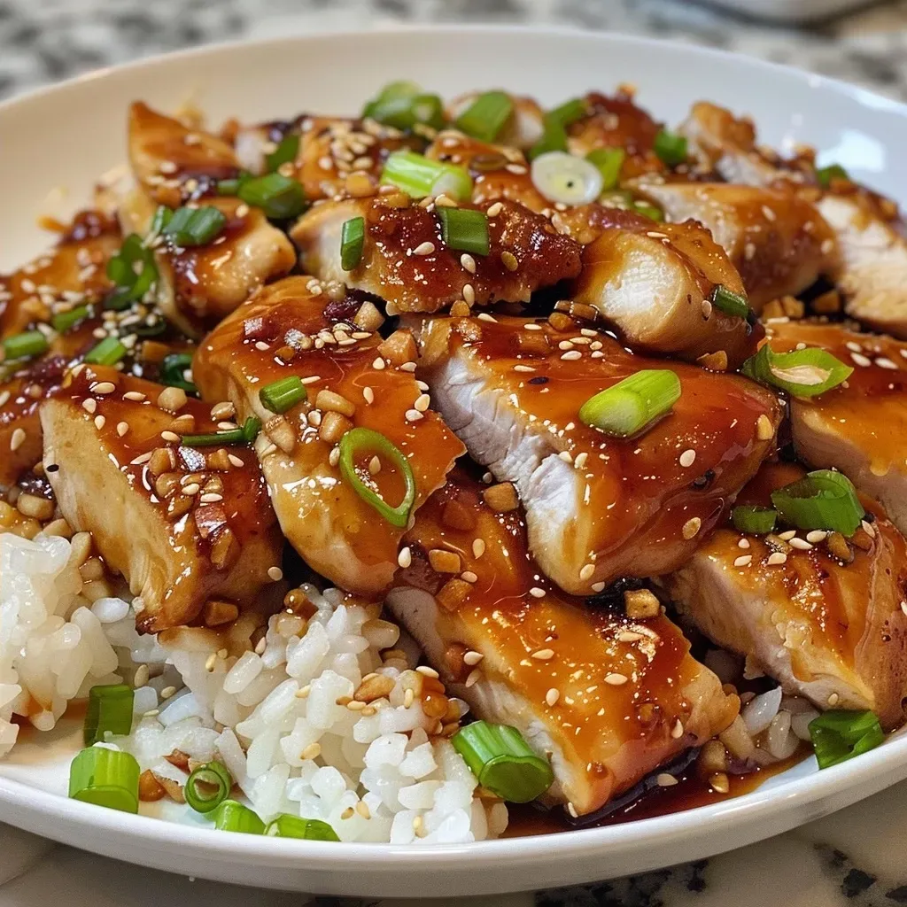 ['Close-up of juicy teriyaki chicken pieces garnished with sesame seeds and scallions.', 'Side view of cooked teriyaki chicken showing a glossy sauce and tender texture.', 'Delicious Easy Teriyaki Chicken displayed in a bowl, featuring vibrant garnishes.', 'Freshly made teriyaki chicken pieces glistening with sauce and spices.']