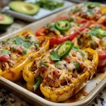 ['Juicy Fajita Chicken Stuffed Peppers with vibrant colors and toppings.', 'Close-up of stuffed bell peppers filled with chicken, rice, and cheese.', 'Side view of colorful bell peppers stuffed with fajita chicken and garnishes.', 'Delicious Fajita Chicken Stuffed Peppers topped with fresh cilantro and avocado.']