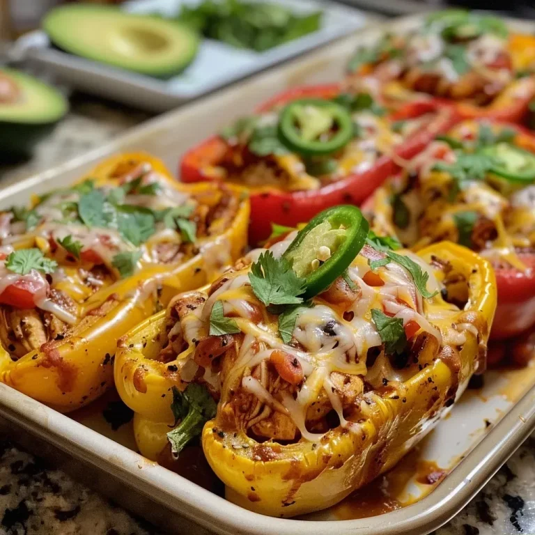 ['Juicy Fajita Chicken Stuffed Peppers with vibrant colors and toppings.', 'Close-up of stuffed bell peppers filled with chicken, rice, and cheese.', 'Side view of colorful bell peppers stuffed with fajita chicken and garnishes.', 'Delicious Fajita Chicken Stuffed Peppers topped with fresh cilantro and avocado.']