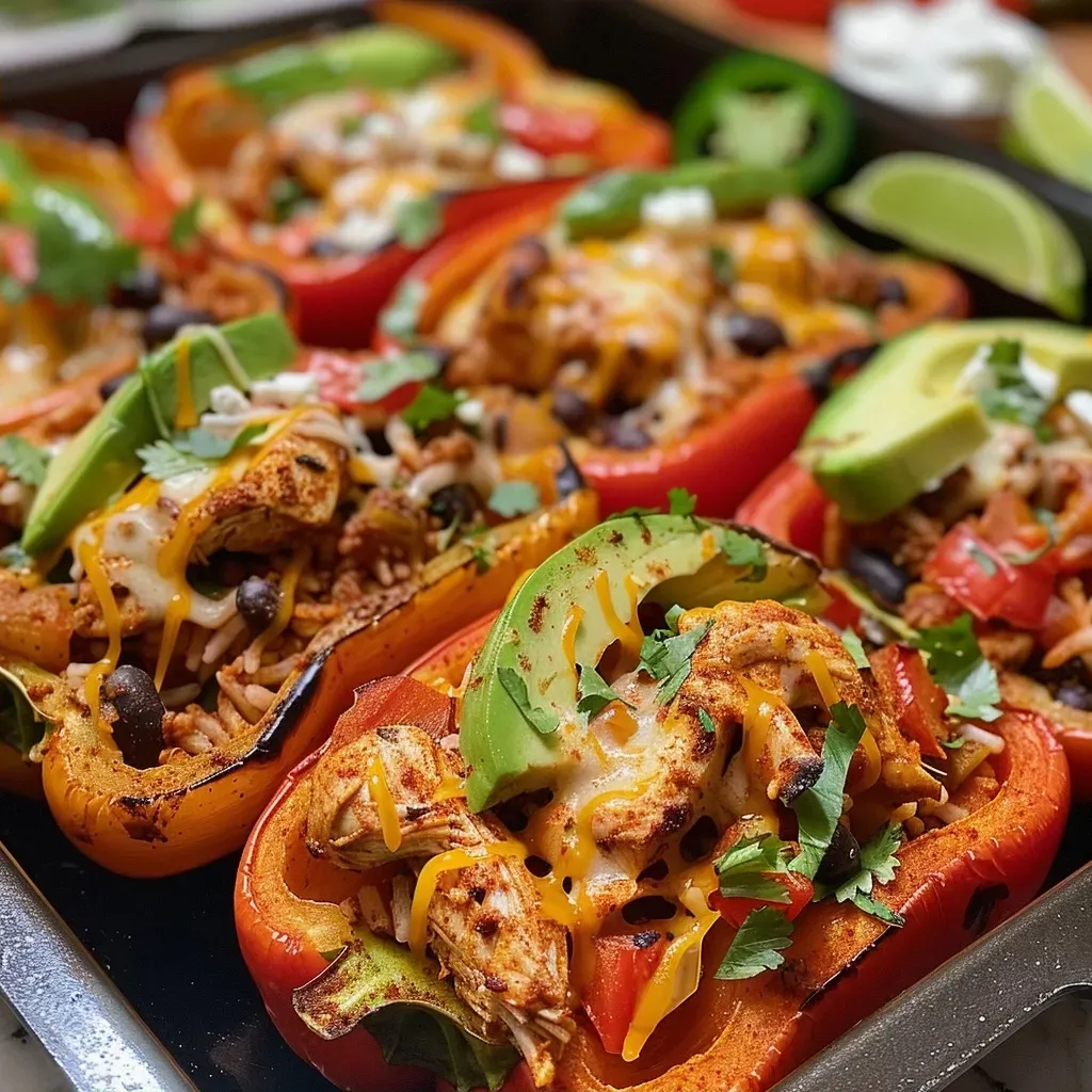 ['Juicy Fajita Chicken Stuffed Peppers with vibrant colors and toppings.', 'Close-up of stuffed bell peppers filled with chicken, rice, and cheese.', 'Side view of colorful bell peppers stuffed with fajita chicken and garnishes.', 'Delicious Fajita Chicken Stuffed Peppers topped with fresh cilantro and avocado.']