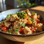 ['A vibrant bowl of Garlic Chilli Chicken and Couscous, showcasing juicy chicken pieces with colorful peppers and cherry tomatoes.', 'Close-up of a one-pot meal featuring Garlic Chilli Chicken with couscous, garnished with fresh parsley and colorful vegetables.', 'Side view of a delicious Garlic Chilli Chicken dish served with fluffy couscous and mixed vegetables.', 'An appetizing one-pot meal of Garlic Chilli Chicken, couscous, and assorted colorful peppers, highlighting fresh ingredients.']