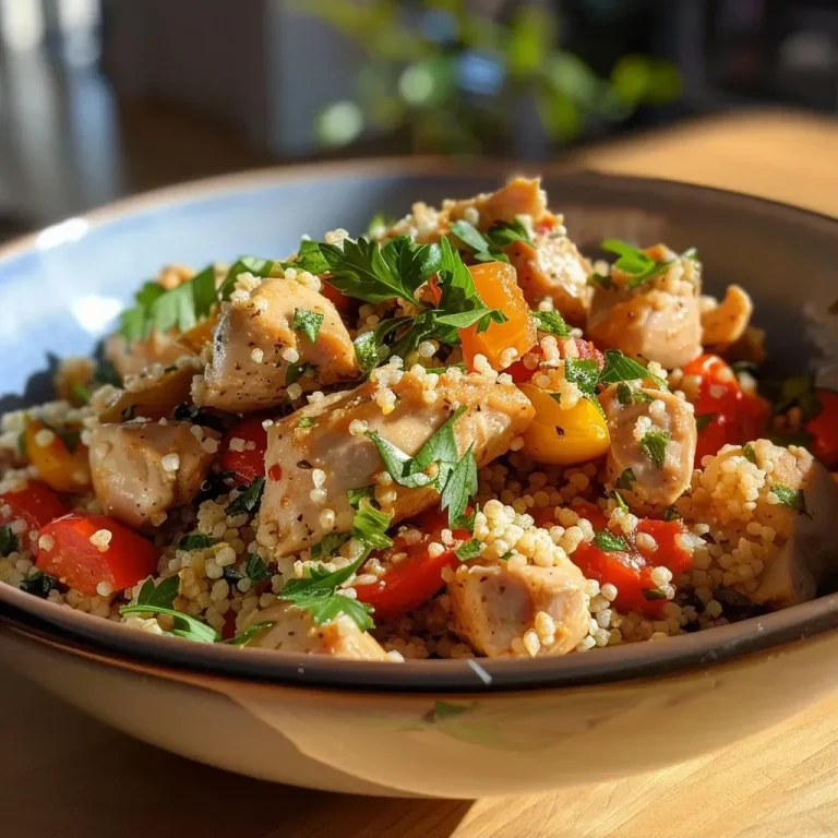 ['A vibrant bowl of Garlic Chilli Chicken and Couscous, showcasing juicy chicken pieces with colorful peppers and cherry tomatoes.', 'Close-up of a one-pot meal featuring Garlic Chilli Chicken with couscous, garnished with fresh parsley and colorful vegetables.', 'Side view of a delicious Garlic Chilli Chicken dish served with fluffy couscous and mixed vegetables.', 'An appetizing one-pot meal of Garlic Chilli Chicken, couscous, and assorted colorful peppers, highlighting fresh ingredients.']