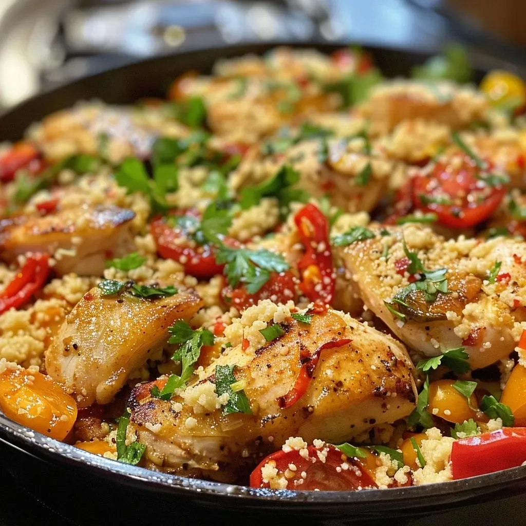 ['A vibrant bowl of Garlic Chilli Chicken and Couscous, showcasing juicy chicken pieces with colorful peppers and cherry tomatoes.', 'Close-up of a one-pot meal featuring Garlic Chilli Chicken with couscous, garnished with fresh parsley and colorful vegetables.', 'Side view of a delicious Garlic Chilli Chicken dish served with fluffy couscous and mixed vegetables.', 'An appetizing one-pot meal of Garlic Chilli Chicken, couscous, and assorted colorful peppers, highlighting fresh ingredients.']