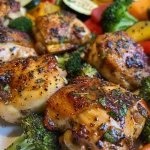 ['Juicy garlic herb chicken with colorful roasted vegetables in a skillet.', 'Close-up of garlic herb chicken and vibrant veggies in a frying pan.', 'Sautéed chicken pieces and assorted roasted vegetables displayed in a skillet.', 'Garnished garlic herb chicken alongside roasted broccoli, zucchini, and bell peppers.']