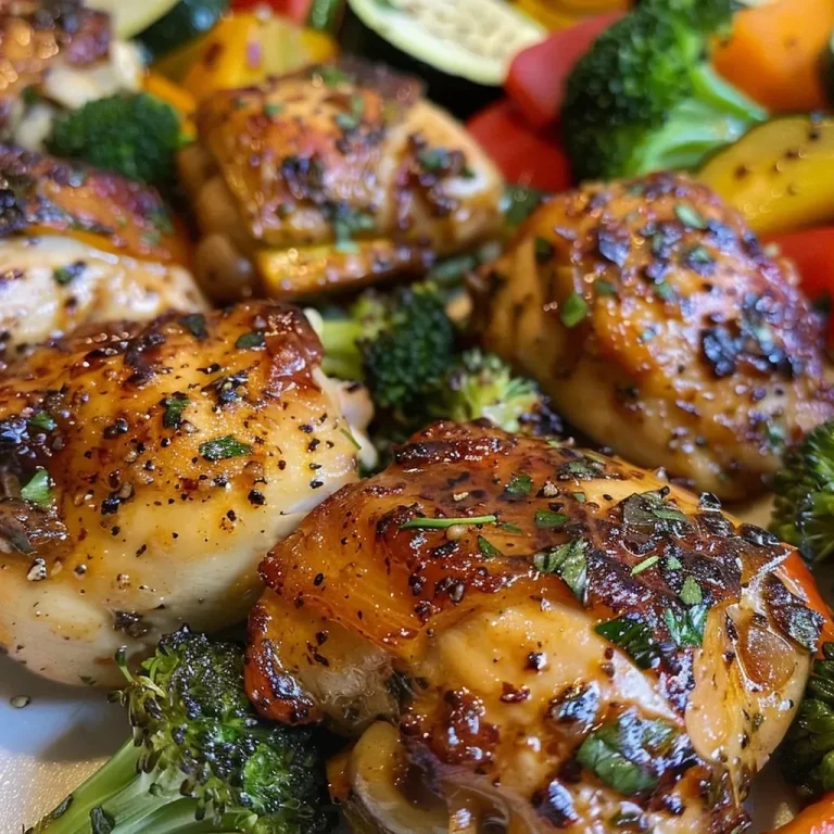 ['Juicy garlic herb chicken with colorful roasted vegetables in a skillet.', 'Close-up of garlic herb chicken and vibrant veggies in a frying pan.', 'Sautéed chicken pieces and assorted roasted vegetables displayed in a skillet.', 'Garnished garlic herb chicken alongside roasted broccoli, zucchini, and bell peppers.']