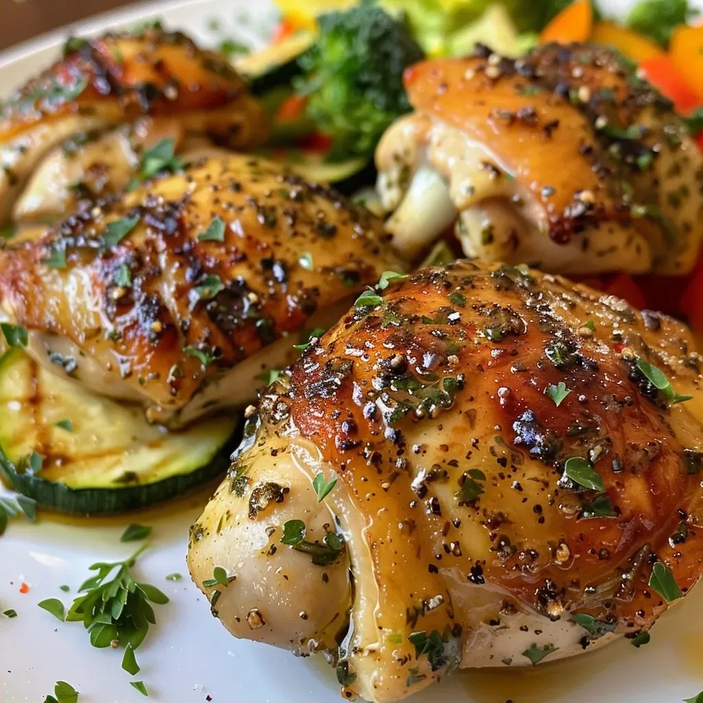 ['Juicy garlic herb chicken with colorful roasted vegetables in a skillet.', 'Close-up of garlic herb chicken and vibrant veggies in a frying pan.', 'Sautéed chicken pieces and assorted roasted vegetables displayed in a skillet.', 'Garnished garlic herb chicken alongside roasted broccoli, zucchini, and bell peppers.']