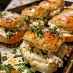 ['Close-up view of juicy Garlic Parmesan Chicken Sliders arranged on a platter.', 'Side view of delectable sliders featuring shredded chicken, garlic, and Parmesan cheese.', 'A mouthwatering display of Garlic Parmesan Chicken Sliders garnished with fresh parsley.', 'Juicy chicken sliders on slider buns, showcasing melted cheese and garlic seasoning.']