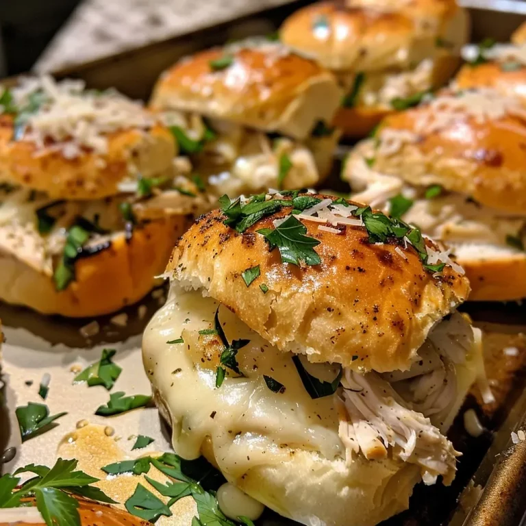 ['Close-up view of juicy Garlic Parmesan Chicken Sliders arranged on a platter.', 'Side view of delectable sliders featuring shredded chicken, garlic, and Parmesan cheese.', 'A mouthwatering display of Garlic Parmesan Chicken Sliders garnished with fresh parsley.', 'Juicy chicken sliders on slider buns, showcasing melted cheese and garlic seasoning.']