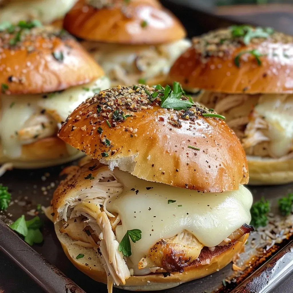 ['Close-up view of juicy Garlic Parmesan Chicken Sliders arranged on a platter.', 'Side view of delectable sliders featuring shredded chicken, garlic, and Parmesan cheese.', 'A mouthwatering display of Garlic Parmesan Chicken Sliders garnished with fresh parsley.', 'Juicy chicken sliders on slider buns, showcasing melted cheese and garlic seasoning.']