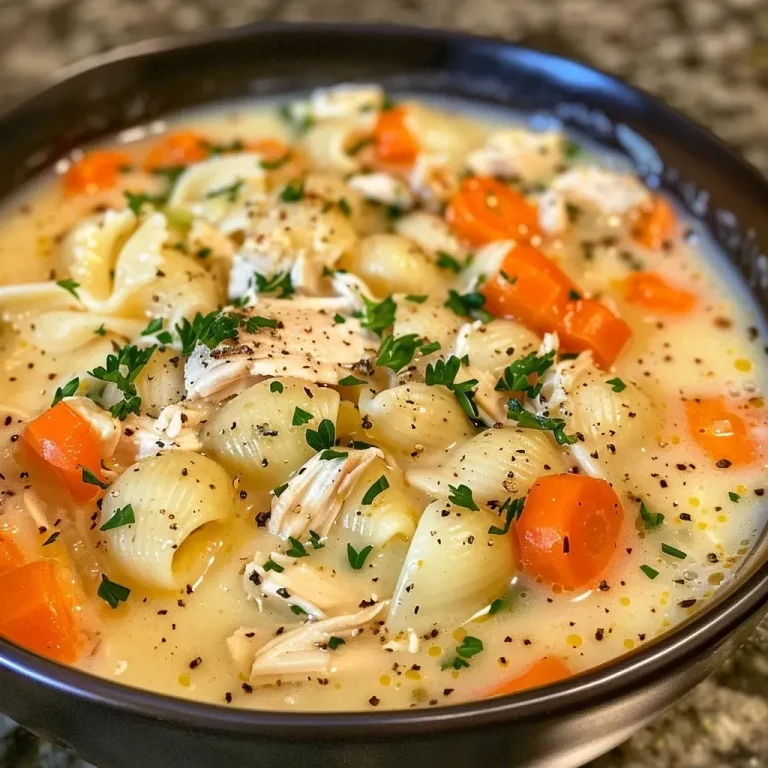 ['Close-up view of a bowl of Garlic Parmesan Chicken Soup with visible chunks of chicken and vegetables.', 'Side view of a steaming bowl filled with creamy Garlic Parmesan Chicken Soup, garnished with parsley.', 'A hearty serving of Garlic Parmesan Chicken Soup showcasing tender chicken and pasta in a rich broth.', 'Textured close-up of Garlic Parmesan Chicken Soup highlighting garlic cloves and grated parmesan.']