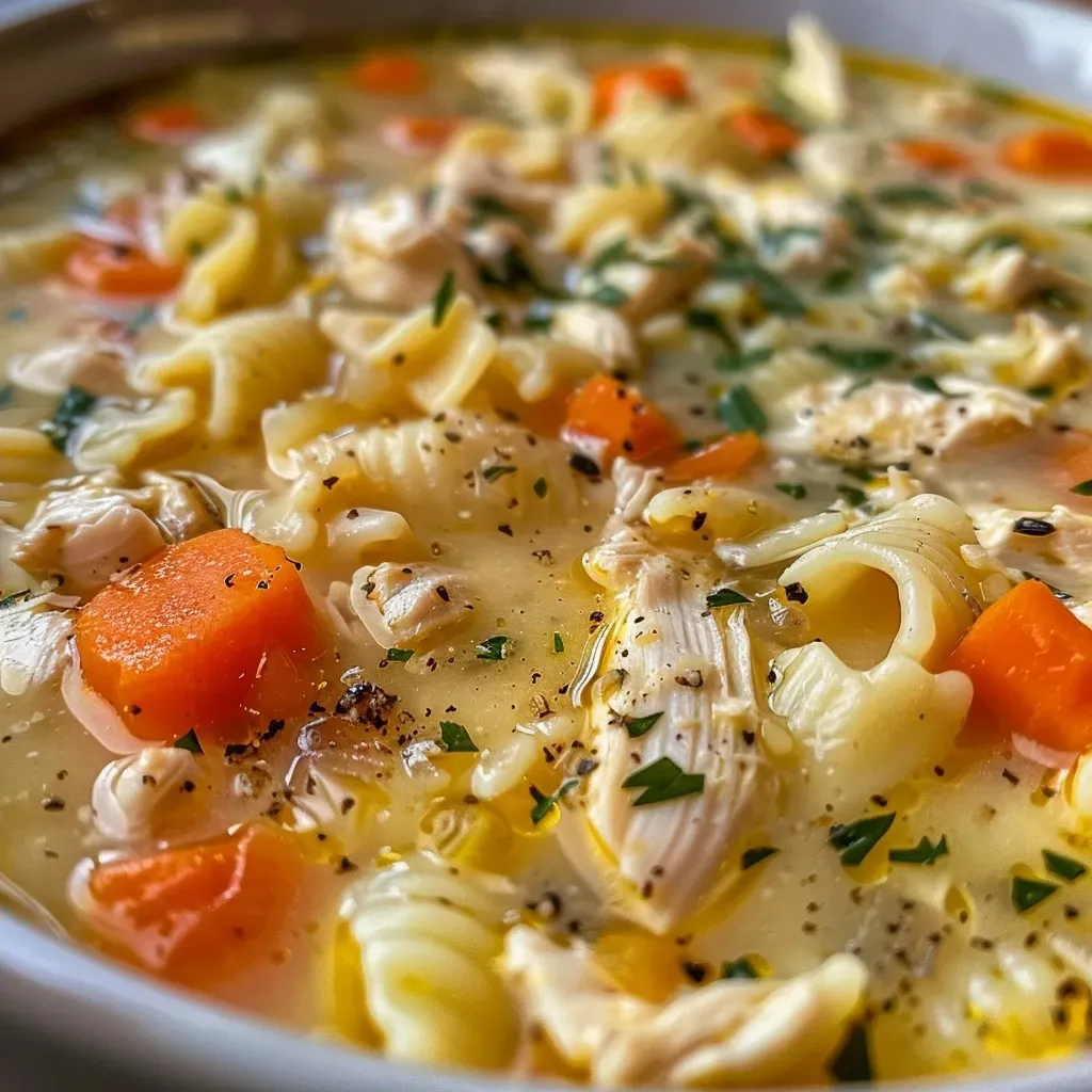 ['Close-up view of a bowl of Garlic Parmesan Chicken Soup with visible chunks of chicken and vegetables.', 'Side view of a steaming bowl filled with creamy Garlic Parmesan Chicken Soup, garnished with parsley.', 'A hearty serving of Garlic Parmesan Chicken Soup showcasing tender chicken and pasta in a rich broth.', 'Textured close-up of Garlic Parmesan Chicken Soup highlighting garlic cloves and grated parmesan.']