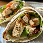 ['Close-up of a juicy garlic parmesan chicken wrap with fresh ingredients visible.', 'Side view of a chicken wrap filled with garlic, parmesan, and colorful vegetables.', 'A delicious-looking garlic parmesan chicken wrap on a wooden surface.', 'Juicy garlic parmesan chicken wrap featuring vibrant greens and tomatoes.']