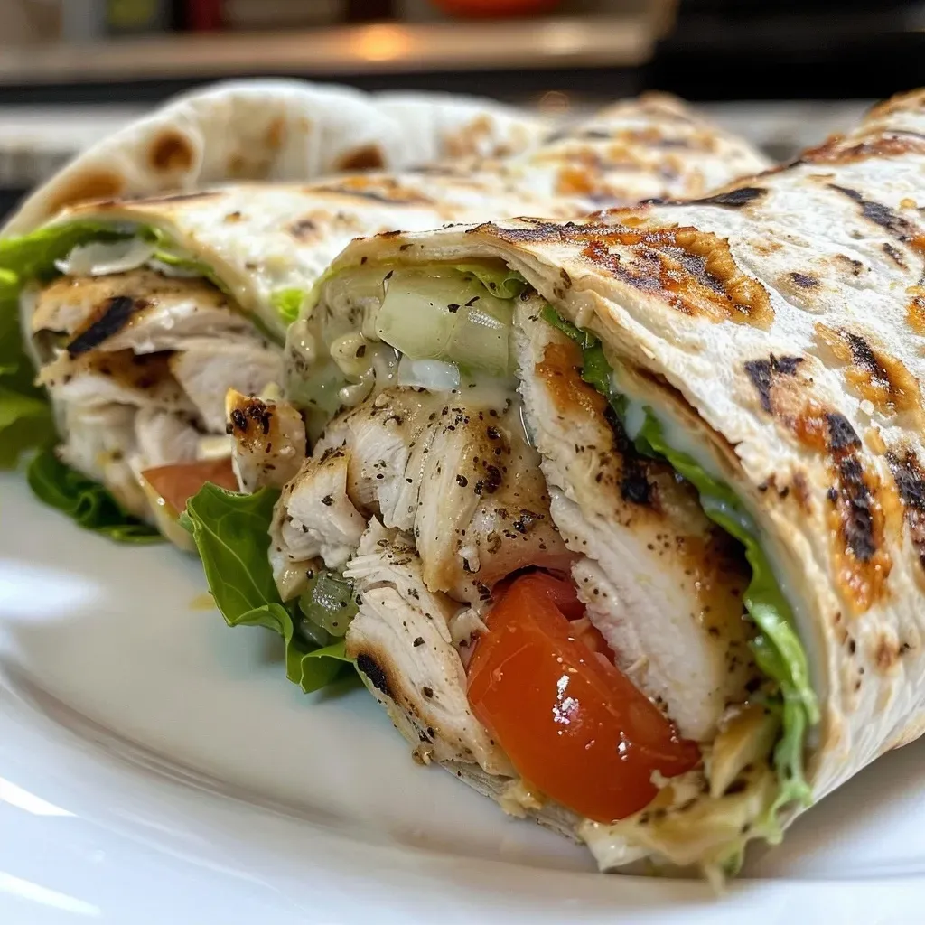 ['Close-up of a juicy garlic parmesan chicken wrap with fresh ingredients visible.', 'Side view of a chicken wrap filled with garlic, parmesan, and colorful vegetables.', 'A delicious-looking garlic parmesan chicken wrap on a wooden surface.', 'Juicy garlic parmesan chicken wrap featuring vibrant greens and tomatoes.']