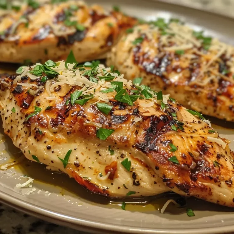 ['Close-up view of juicy Garlic Parmesan Grilled Chicken garnished with fresh parsley.', 'Side view of a perfectly grilled chicken breast coated with garlic and Parmesan.', 'Sizzling Garlic Parmesan chicken on a plate, showcasing its golden-brown crust.', 'Detailed shot of marinated grilled chicken topped with melted Parmesan and herbs.']