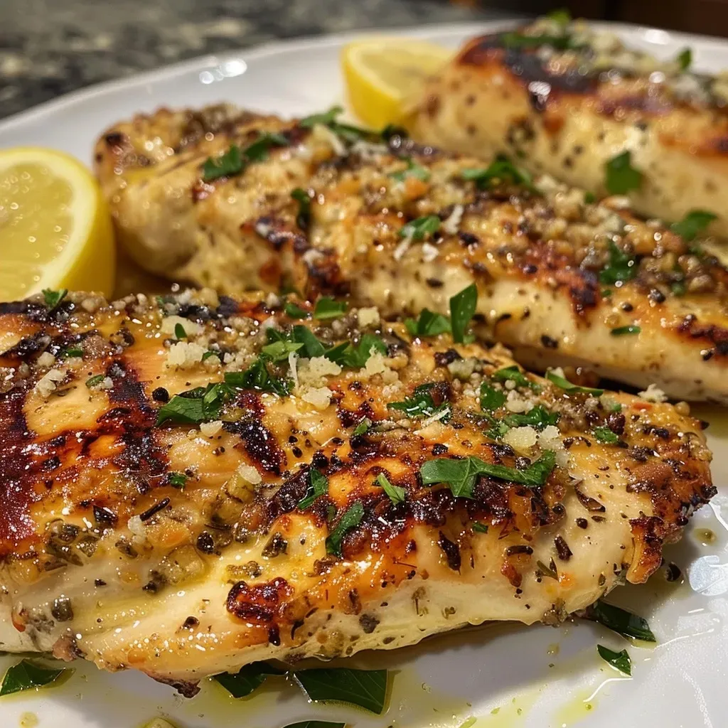 ['Close-up view of juicy Garlic Parmesan Grilled Chicken garnished with fresh parsley.', 'Side view of a perfectly grilled chicken breast coated with garlic and Parmesan.', 'Sizzling Garlic Parmesan chicken on a plate, showcasing its golden-brown crust.', 'Detailed shot of marinated grilled chicken topped with melted Parmesan and herbs.']