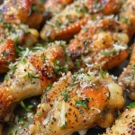 ['Close-up side view of juicy Garlic Parmesan Wings garnished with parsley.', 'Deliciously crispy Garlic Parmesan Wings served on a plate, showcasing rich cheese and garlic.', 'A mouthwatering plate of Garlic Parmesan Wings, highlighting golden brown skin and creamy sauce.', 'Side view of tender and flavorful Garlic Parmesan Wings, with visible garlic and grated cheese.']