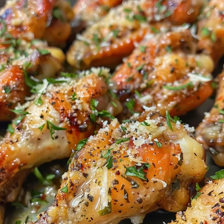 ['Juicy Garlic Parmesan wings arranged on a plate with a rich coating.', 'Close-up view of chicken wings glistening with garlic and Parmesan topping.', 'Side view of succulent Garlic Parmesan wings with visible seasoning and sauce.', 'A platter of tender chicken wings coated in a creamy garlic and Parmesan sauce.']
