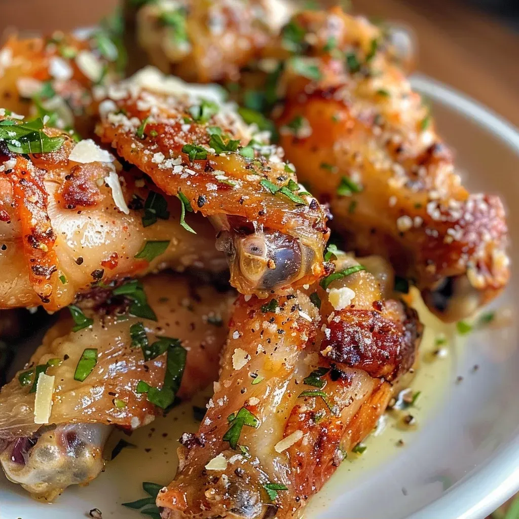 ['Juicy Garlic Parmesan wings arranged on a plate with a rich coating.', 'Close-up view of chicken wings glistening with garlic and Parmesan topping.', 'Side view of succulent Garlic Parmesan wings with visible seasoning and sauce.', 'A platter of tender chicken wings coated in a creamy garlic and Parmesan sauce.']