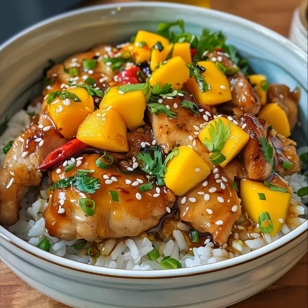 ['A close-up view of a Glazed Chicken Mango Bowl featuring juicy chicken, diced mango, and colorful toppings.', 'A vibrant bowl of Glazed Chicken with mango, garnished with cilantro and red chili, presented side-on.', 'An appetizing side view of a Glazed Chicken Mango Bowl showcasing chicken, rice, and fresh mango chunks.', 'A detailed image of a delicious Glazed Chicken Mango Bowl with bright colors and textured ingredients.']