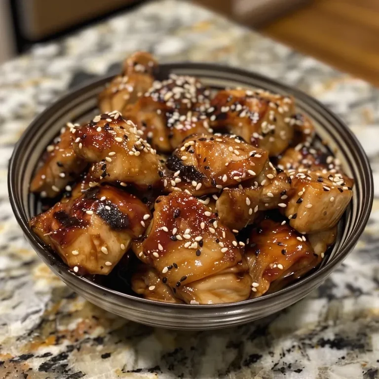 ['Close-up view of juicy gluten-free teriyaki chicken pieces garnished with sesame seeds.', 'Side view of succulent teriyaki chicken chunks in a glossy sauce, topped with sesame seeds.', 'Tasty gluten-free teriyaki chicken served on a plate, showcasing vibrant colors and texture.', 'Glazed teriyaki chicken pieces, cut into chunks, with a sprinkle of sesame seeds.']