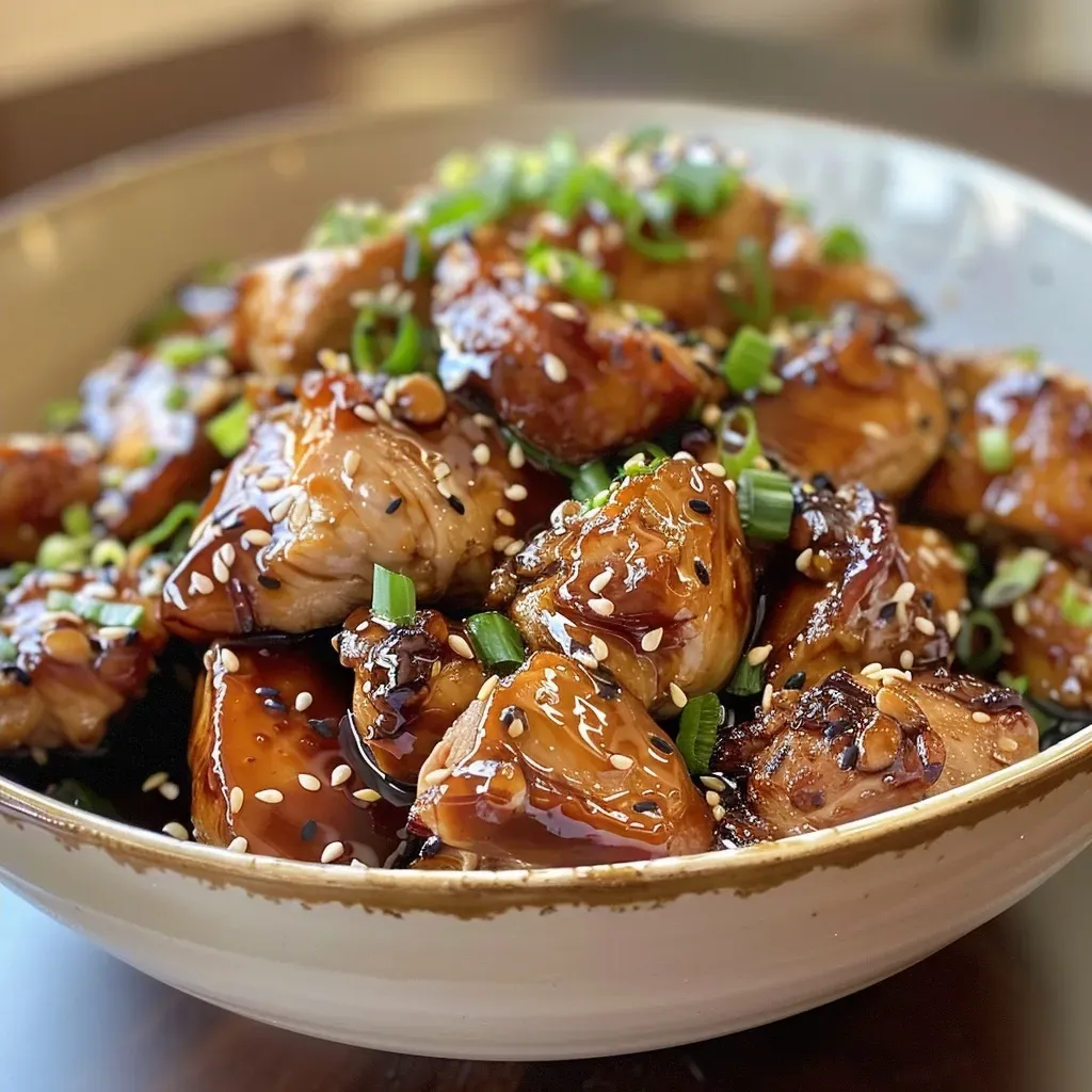 ['Close-up view of juicy gluten-free teriyaki chicken pieces garnished with sesame seeds.', 'Side view of succulent teriyaki chicken chunks in a glossy sauce, topped with sesame seeds.', 'Tasty gluten-free teriyaki chicken served on a plate, showcasing vibrant colors and texture.', 'Glazed teriyaki chicken pieces, cut into chunks, with a sprinkle of sesame seeds.']