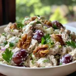 ['Close-up of a Greek Yogurt Chicken Salad with grapes and walnuts in a bowl.', 'Side view of a juicy chicken salad made with Greek yogurt, grapes, and walnuts.', 'Detailed image of a chicken salad showcasing halved grapes and chopped walnuts.', 'Bowl of Greek Yogurt Chicken Salad with fresh ingredients and a creamy texture.']
