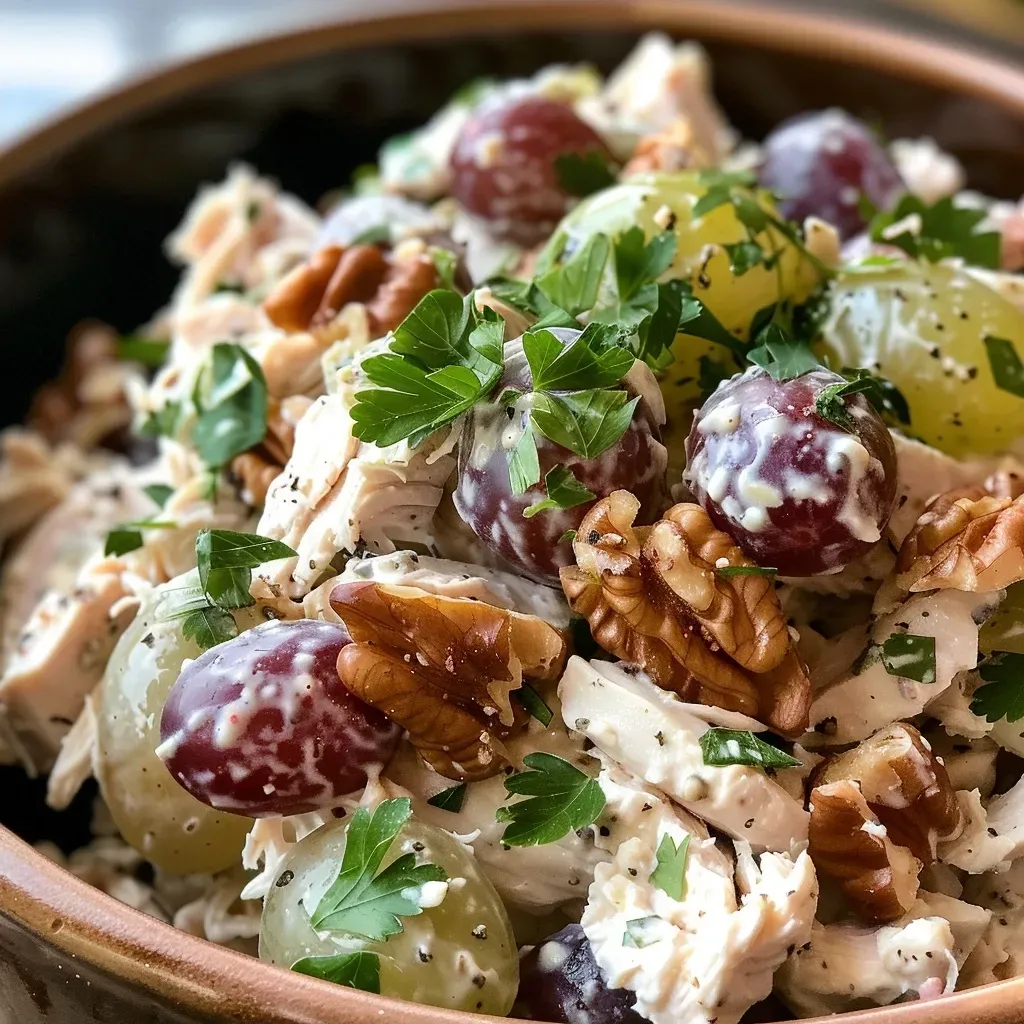 ['Close-up of a Greek Yogurt Chicken Salad with grapes and walnuts in a bowl.', 'Side view of a juicy chicken salad made with Greek yogurt, grapes, and walnuts.', 'Detailed image of a chicken salad showcasing halved grapes and chopped walnuts.', 'Bowl of Greek Yogurt Chicken Salad with fresh ingredients and a creamy texture.']