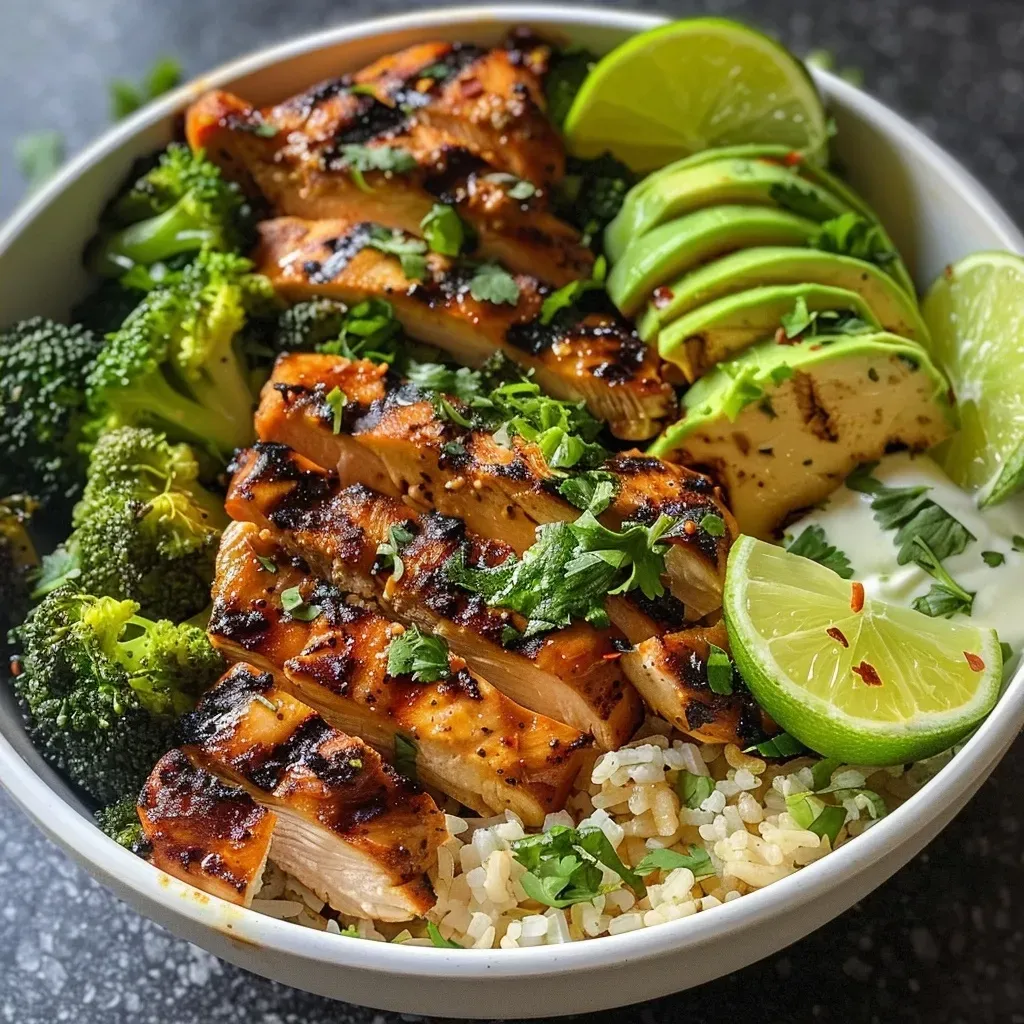 ['Close-up view of grilled chicken and broccoli served in a bowl.', 'Juicy grilled chicken pieces with bright green broccoli in a bowl.', 'Delicious grilled chicken and steamed broccoli with creamy sauce.', 'Colorful grilled chicken and broccoli bowl with lime wedges.']